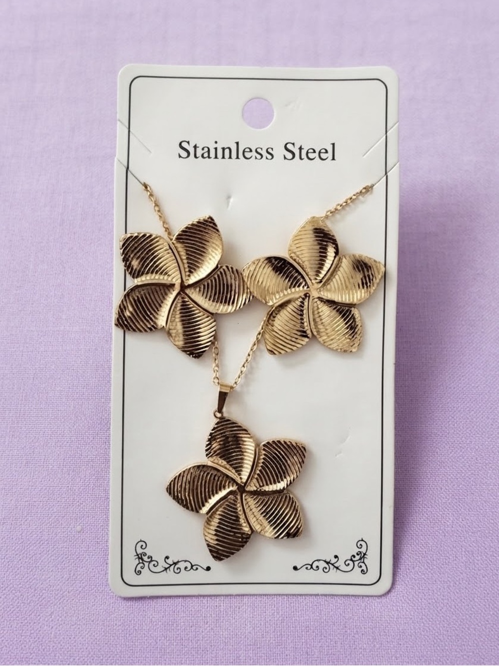 Gold Floral Stainless Steel Necklace and Earrings Set